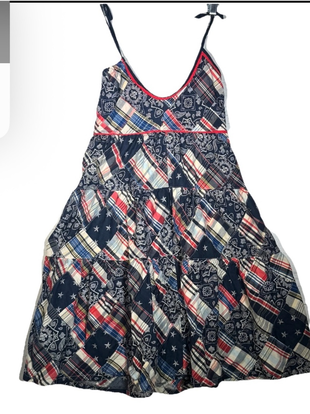 Childrens Place Patchwork Sundress Red White Blue Plaid Stars 4th Of July Sz 10 - Picture 1 of 6